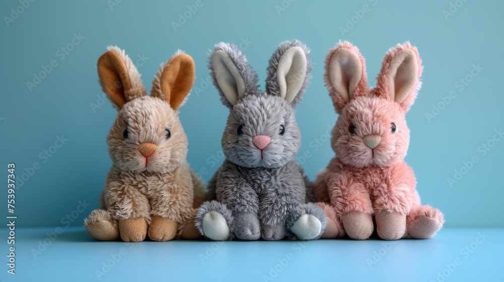 Fototapeta premium Cute stuffed Easter bunny toys isolated on blue background. Cute, adorable, fluffy. Easter holiday, bunny. Pastel color tones.