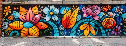 Enchanting street mural of blooming flowers in vivid colors on a dark blue urban wall, symbolizing growth and vibrancy in the city.