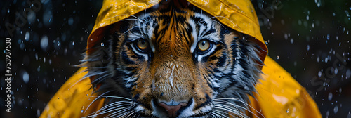 tiger in water with raincoat on head, Tiger in a yellow raincoat