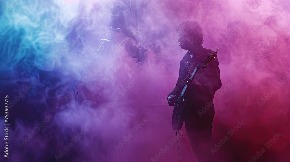 Rock Band Concert In Cloud Colorful Dust. Music Event, Rock Band Performs On Stage Colorful Dust Background. Guitarist, Bass Guitar And Drums On Stage