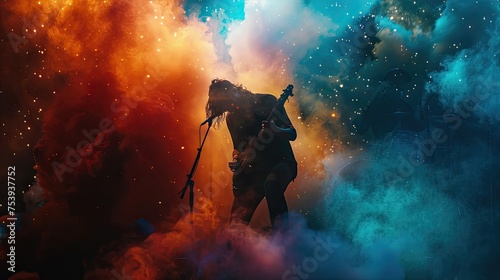 Rock Band Concert In Cloud Colorful Dust. Music Event, Rock Band Performs On Stage Colorful Dust Background. Guitarist, Bass Guitar And Drums On Stage