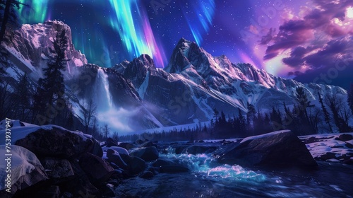 Scenic View Of Rocky Mountains With Waterfall Near River Under Northern Lights © Asad