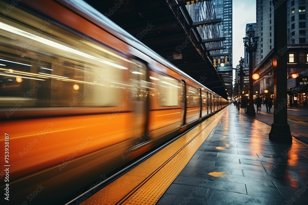 fast moving subway train in a subway station fast moving subway train in a subway station