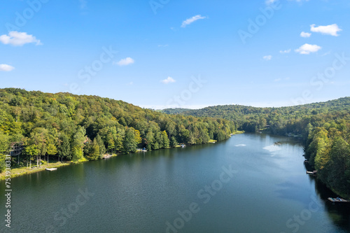 Fototapeta Naklejka Na Ścianę i Meble -  aerial view of a lake, northeastern lake town, summer lake view