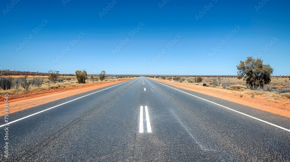 Straight road with white lines in middle of outback red centre Australia