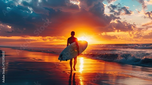 Silhouette Of Male Surfer Walking With Surfboard On Seashore At Sunset