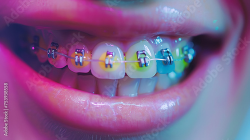 close-up image showcases a person’s smile, revealing teeth adorned with colorful braces. 