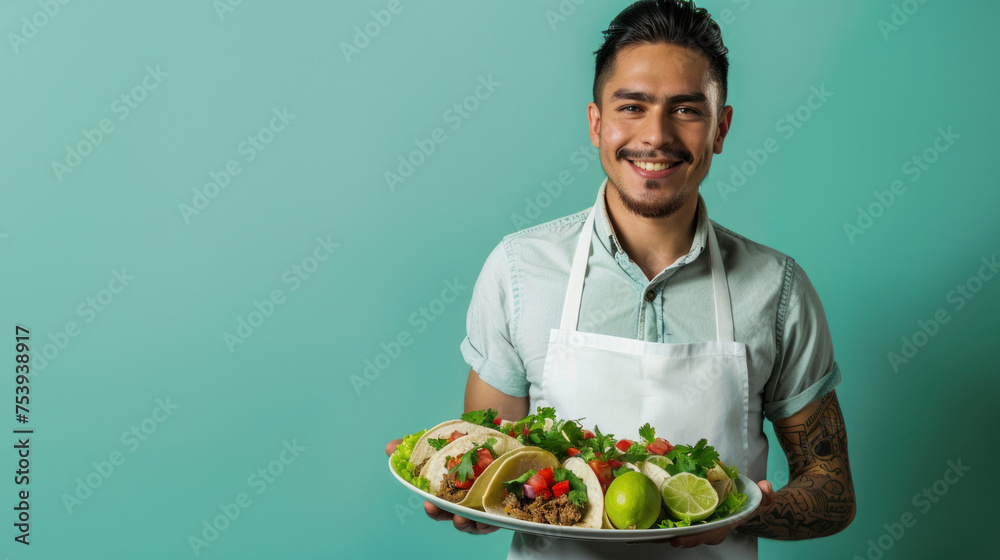 A male chef holding a plate of tacos against a turquoise background, perfect for restaurant marketing or Cinco de Mayo recipe features. A male chef holding a plate of tacos against a turquoise background, perfect for restaurant marketing or Cinco de Mayo recipe features.