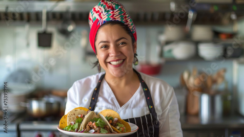 A smiling chef wearing a vibrant headband presenting tacos  ideal for culinary website profiles or Cinco de Mayo festive food promotions.