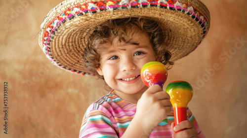 A joyful child in a sombrero holding colorful maracas, perfect for a Cinco de Mayo family event advertisement or a children's cultural education program.