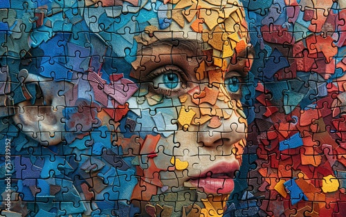 A woman s face combined with multicolored mosaic pieces  a conceptual image