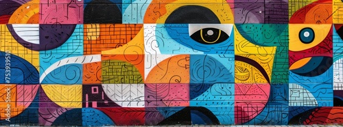 Dynamic and colorful street mural featuring an abstract composition with vibrant patterns and bold shapes on an urban wall.Keywords