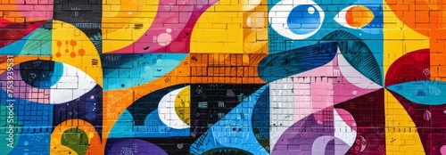 Dynamic and colorful street mural featuring an abstract composition with vibrant patterns and bold shapes on an urban wall.Keywords