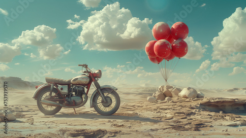Retro futuristic motorcycle in the desert with red balloons © Sunny 5
