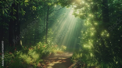 Sunlight Filtering Through A Dense Woodland Trail Image