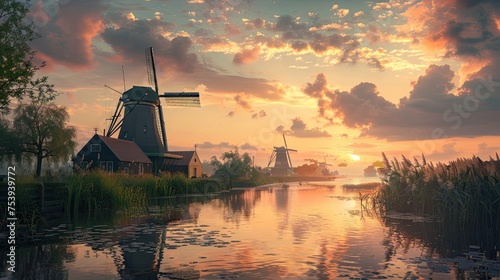 Sunset Over A Serene Dutch Landscape With A Row Of Historic Windmills And Waterfront Houses At Kinderdijk photo