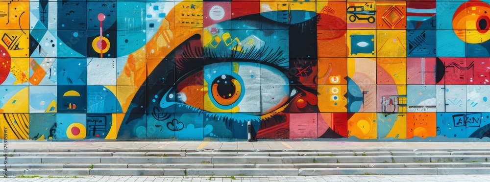 Generated imageDynamic street mural blending a large colorful eye with abstract urban elements on a staircase, merging art with the city's daily rhythm.