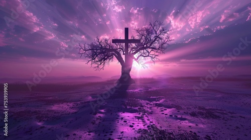 Surreal Ash Wednesday Tree Shadow Cross. A Conceptual Image Capturing Ash Wednesday With A Stark Tree Shadow Forming An Ash Cross On The Ground, Set Against A Surreal Purple Sky