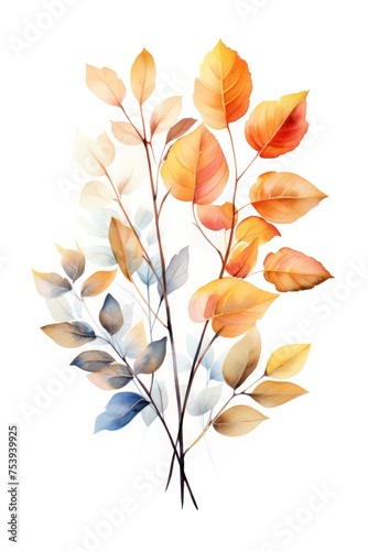 watercolor illustration, Leaves are orange and yellow, isolated on white background, clip art