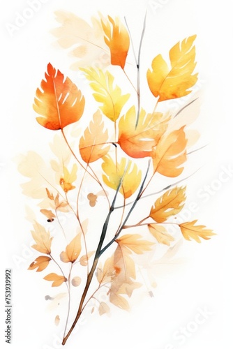 watercolor illustration  Hand drawn autumn foliage leaves branch  isolated on white background  clip art