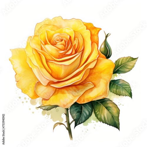 watercolor illustration  yellow rose with green leaves. Hand drawn beautiful yellow rose flower watercolor  isolated on white background  clip art