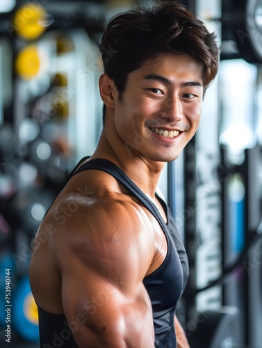 Japanese Male Personal Trainer Smiling with Gym Background © Terry A.I. Gallery