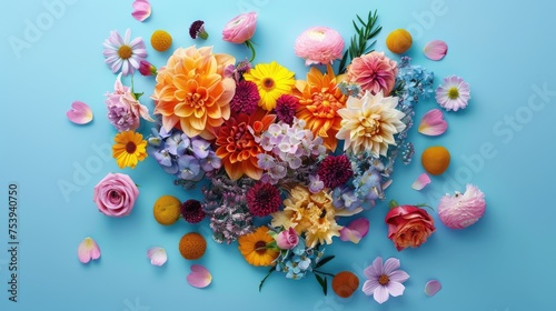Top View Arrangement Of Colorful Flowers With Heart Shape Placed On Blue Background.