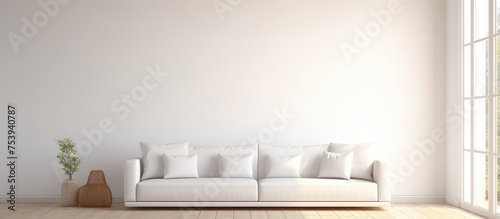 A minimalist living room featuring a white couch on a wooden floor, with a large window showcasing a white landscape. The room has a Nordic interior design.