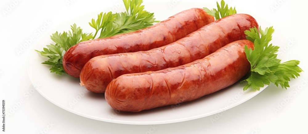 Three boiled sausages neatly arranged on a white plate garnished with fresh parsley. The sausages appear perfectly cooked and ready to be enjoyed as a delicious and simple meal. Three boiled sausages neatly arranged on a white plate garnished with fresh parsley. The sausages appear perfectly cooked and ready to be enjoyed as a delicious and simple meal.