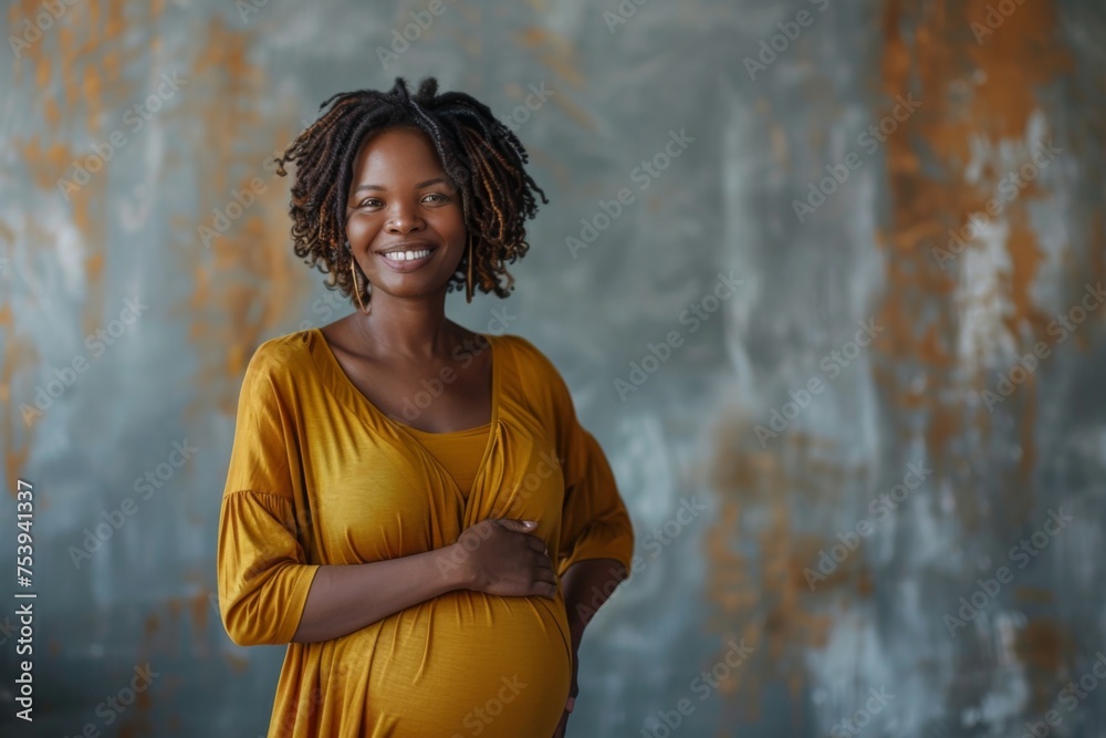 Obraz premium A smiling young African woman in a mustard dress, holding her pregnant belly, against a textured grey wall.