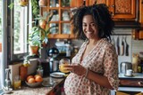 A cheerful pregnant woman enjoys a glass of fresh orange juice in her plant-filled kitchen, her radiant smile illuminating the space with the promise of new life.
