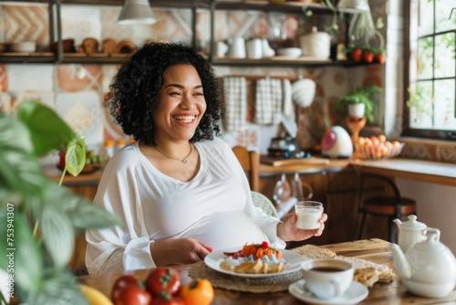 A cheerful pregnant woman enjoys a nutritious breakfast  her smile reflecting the cozy and nurturing atmosphere of her plant-adorned kitchen.