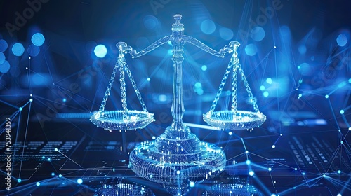 Unbiased Artificial Intelligence, Scales Of Justice In Digital World Concept. Digital Illustration Scales On Futuristic Blue Data Network Background. Fairness And Equality In Ethical Ai Systems