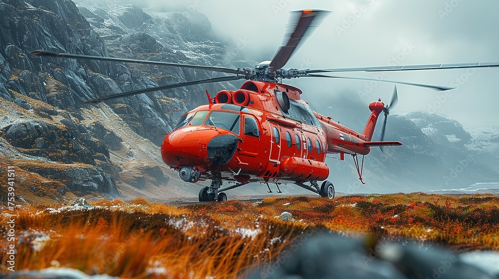 Red rescue helicopter moving in blue sky with blur propeller.Landing. Red rescue helicopter moving in blue sky with blur propeller.Landing.