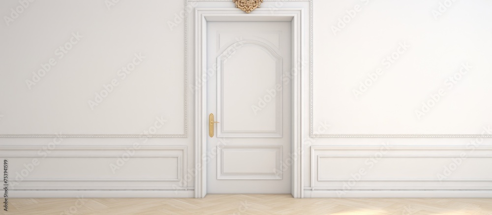 A light minimalist interior with white walls and an open white door with a golden handle. The room appears empty and untouched, creating a sense of simplicity and cleanliness.