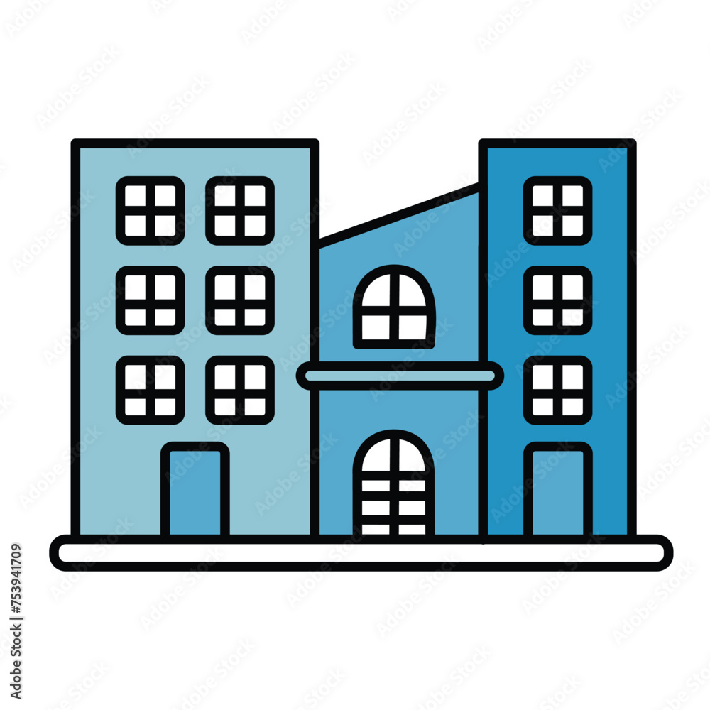 City Main Street | Mixed Use Buildings Including Town Hall, Retail Shops, Residential Townhomes,  Church, School, Auto Shop, Coffee Shop | Line Art