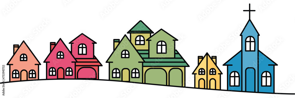 Large and Small Single Family Homes, Duplex, and Church | Line Art