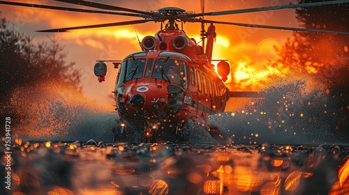 Red rescue helicopter moving in blue sky with blur propeller.Landing. © Jennifer