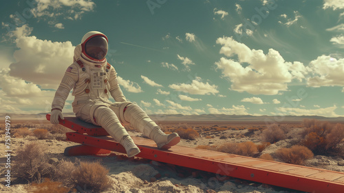 Astronaut on a seesaw in the desert photo