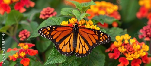 A Monarch butterfly with orange and black wings sits atop a vibrant red, orange, and yellow flower surrounded by lush green leaves in a macro photograph. © 2rogan