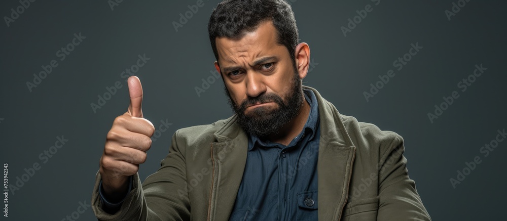 A Hispanic man with a beard is shown giving a thumbs up gesture. He appears happy and positive, in contrast to a prior negativity expressed through a thumbs down. A Hispanic man with a beard is shown giving a thumbs up gesture. He appears happy and positive, in contrast to a prior negativity expressed through a thumbs down.