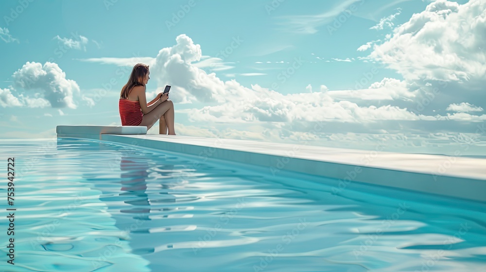 Woman Sitting On Edge Of Pool With Smartphone