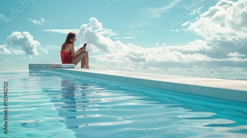 Woman Sitting On Edge Of Pool With Smartphone