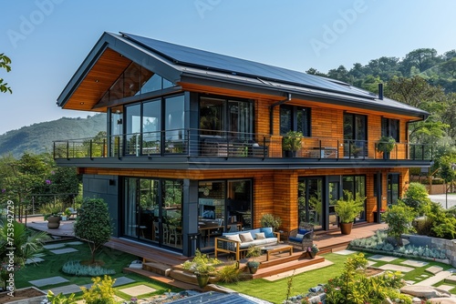 Eco-friendly home design with solar panels amidst forest landscape