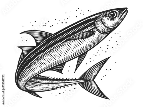 anchovy mackerel fish in a vintage engraving style, suitable for food and fishing themes food sketch engraving generative ai vector illustration. Scratch board imitation. Black and white image. photo