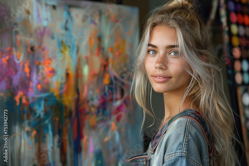 Young woman artist painting