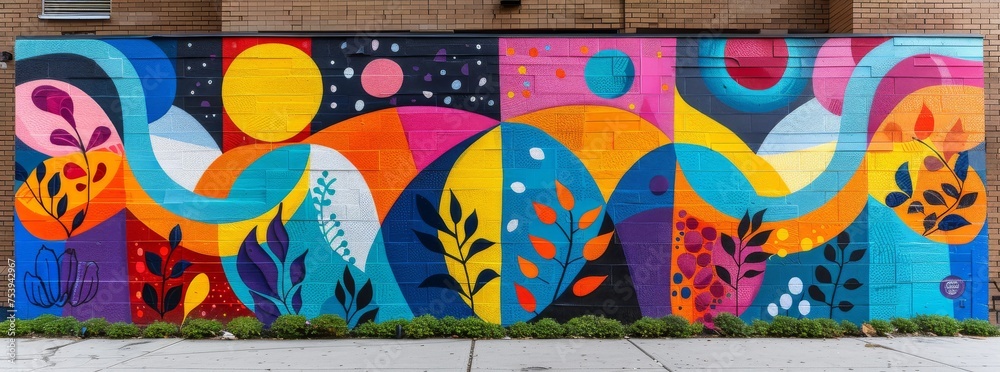 Bold and dynamic street mural featuring abstract floral and wave ...