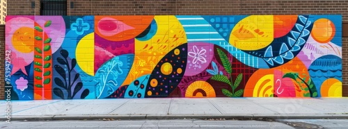 Bold and dynamic street mural featuring abstract floral and wave designs in a vivid color palette, reflecting the essence of urban vibrancy.