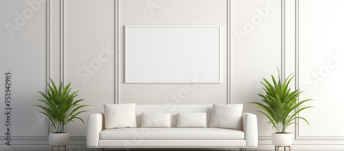 A modern living room with a white couch and two potted plants neatly arranged in the corners. The room is bright and minimalistic with an empty frame on the wall.