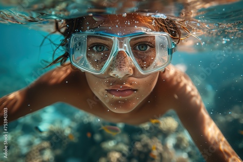 Close-up of a girl snorkeling underwater, looking at the camera through a mask